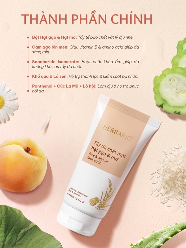 Tẩy da chết mặt hạt gạo & mơ Herbario 160ml tay da chet hat gao & mo herbario