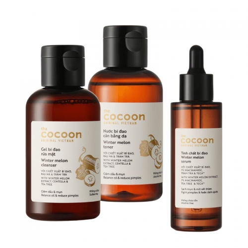 Bộ 3 chăm sóc da mụn Cơ bản: Gel rửa mặt + Toner + Tinh chất bí đao Cocoon cho da mụn, da dầu
