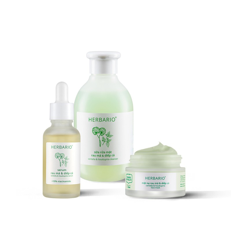 Bộ 3 chăm sóc da mụn cơ bản Rau má & Diếp cá Herbario: Sữa rửa mặt 200ml + Mặt nạ 30ml + Serum 30ml