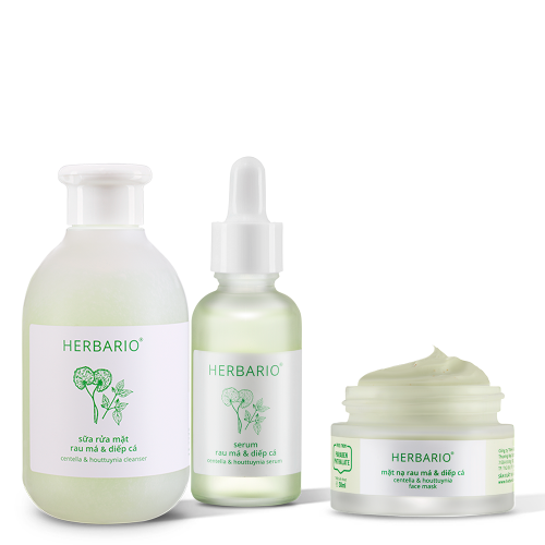 Bộ 3 chăm sóc da mụn cơ bản Rau má & Diếp cá Herbario: Sữa rửa mặt 200ml + Mặt nạ 30ml + Serum 30ml