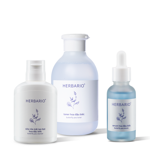 Bộ 3 cơ bản cấp ẩm da Hoa đậu biếc Herbario: Sữa rửa mặt 100ml + Serum 30ml + Toner 200ml
