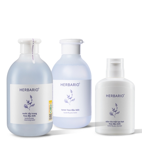 Bộ 3 hoa đậu biếc Herbario chống lão hóa da: Nước tẩy trang 300ml + Sữa rửa mặt 100ml + Toner 200ml