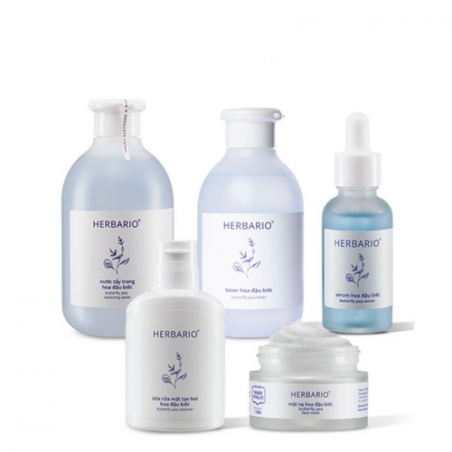 Bộ 5 dưỡng ẩm và trẻ hóa da toàn diện Hoa đậu biếc Herbario: Nước tẩy trang 300ml + Sữa rửa mặt 100ml + Mặt nạ 30ml + Serum 30ml + Toner 200ml