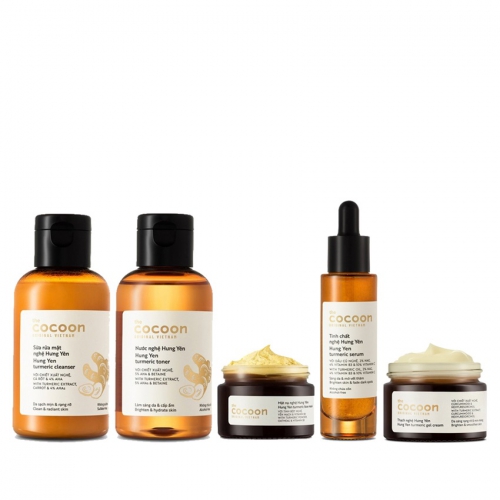 Bộ 5 sản phẩm nghệ Cocoon: Sữa rửa mặt nghệ 140ml + Mặt nạ nghệ 30ml + Toner nghệ 140ml + Tinh chất nghệ 30ml + Thạch nghệ 30ml
