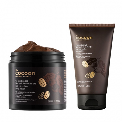 Bộ cà phê Đắk Lắk làm sạch da chết mặt Cocoon 150ml + Cơ thể 200ml giúp da mềm mượt, đều màu