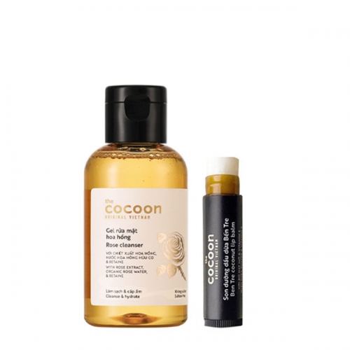 Combo Gel rửa mặt hoa hồng Cocoon 140ml + Son dưỡng môi dầu dừa Bến Tre Cocoon 5g