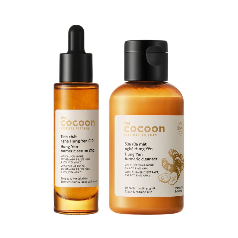 Combo Tinh chất nghệ Hưng Yên C10 Cocoon 30ml + Sữa rửa mặt nghệ Hưng Yên Cocoon 140ml sáng da, mờ thâm