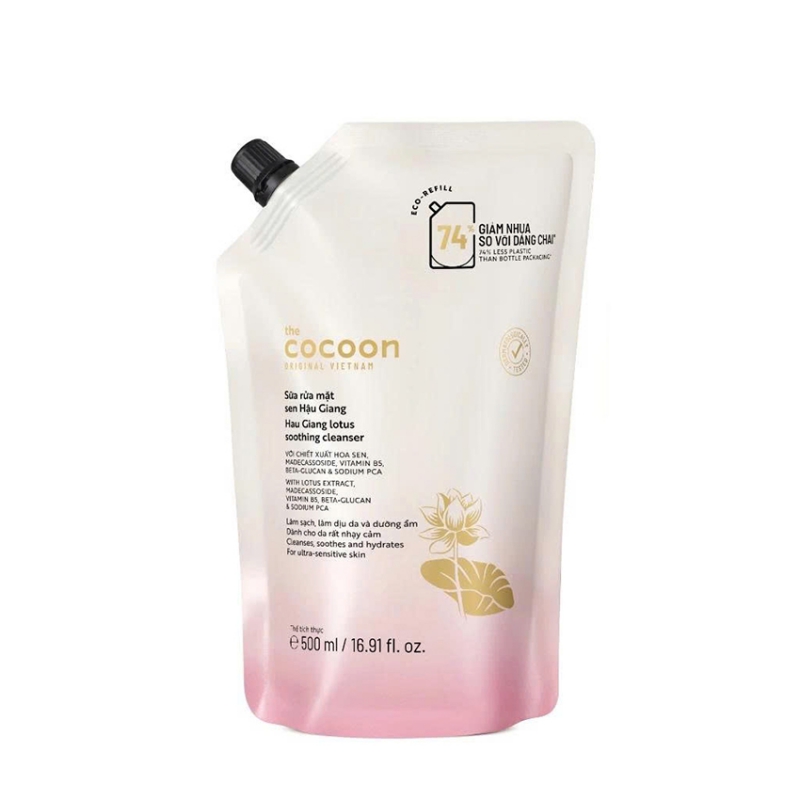 Túi Refill Supersize - Sữa rửa mặt sen Hậu Giang Cocoon 500ml thuần chay